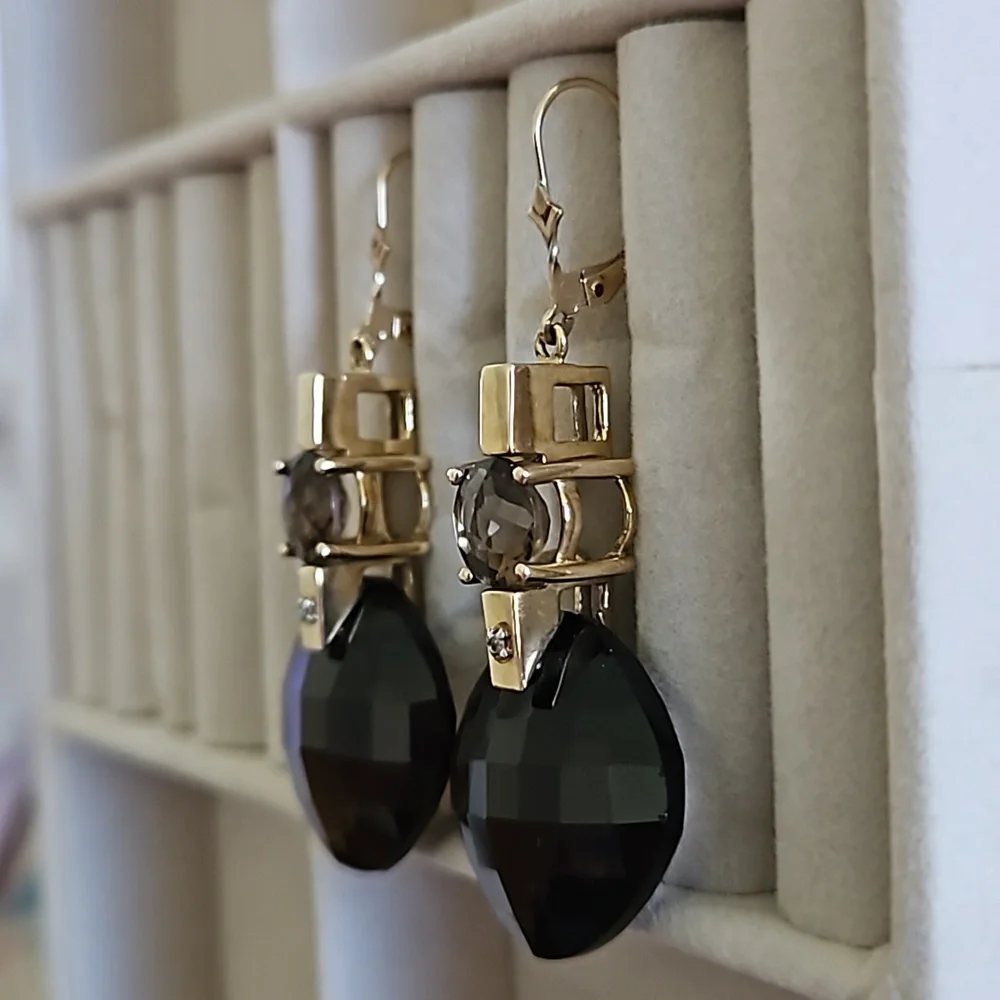 Vintage Smokey Topaz Diamond Accent Gold Drop Earrings - Picture 3 of 8